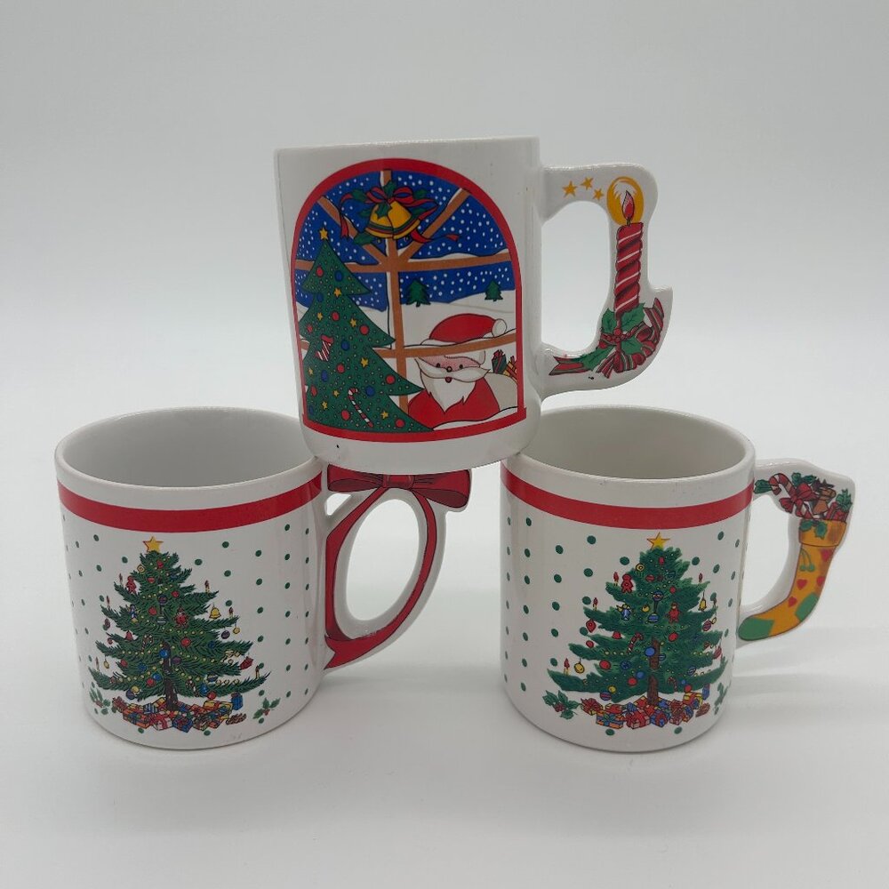 Lot Of 3 Vintage Kitschy Christmas‎ Mugs MCM Shaped Handle